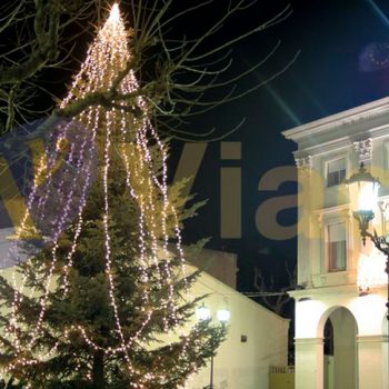 Guirnalda led en árbol Navidad clásico junto a la plaza mayor
